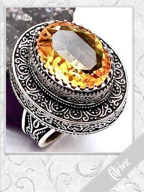Citrine Large Eclectic Silver Artisan Ring, Size 9.25 (Gold / Yellow)